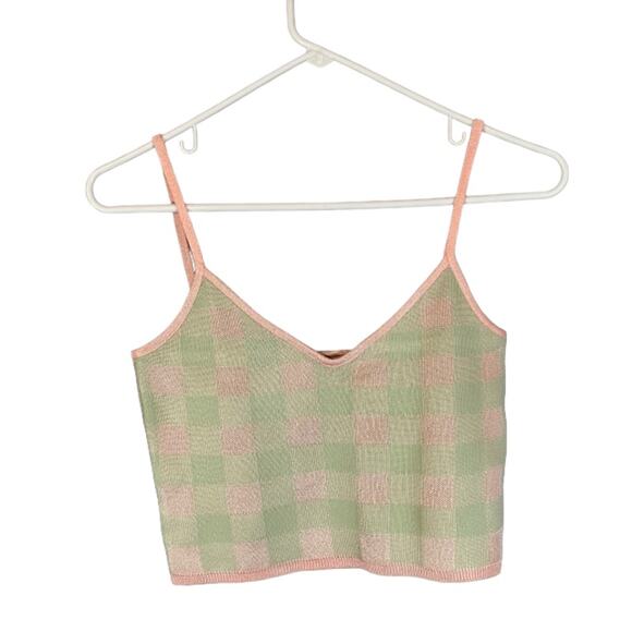 Zara Pink & Green Plaid Colorful Square Pattern Sleeveless Crop Top Women Sz S - Picture 1 of 7